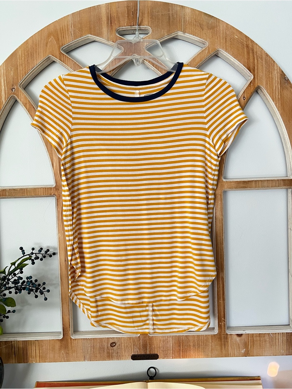 5/$20 SALE ❤️ Striped Mustard Yellow & White Crewneck Tee